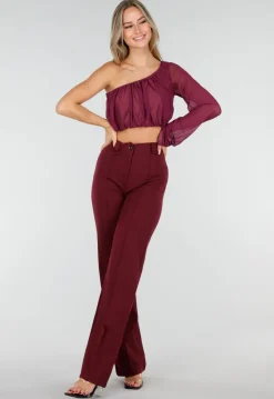 Paarse One Shoulder Top met Afneembare Mouw en Stretch