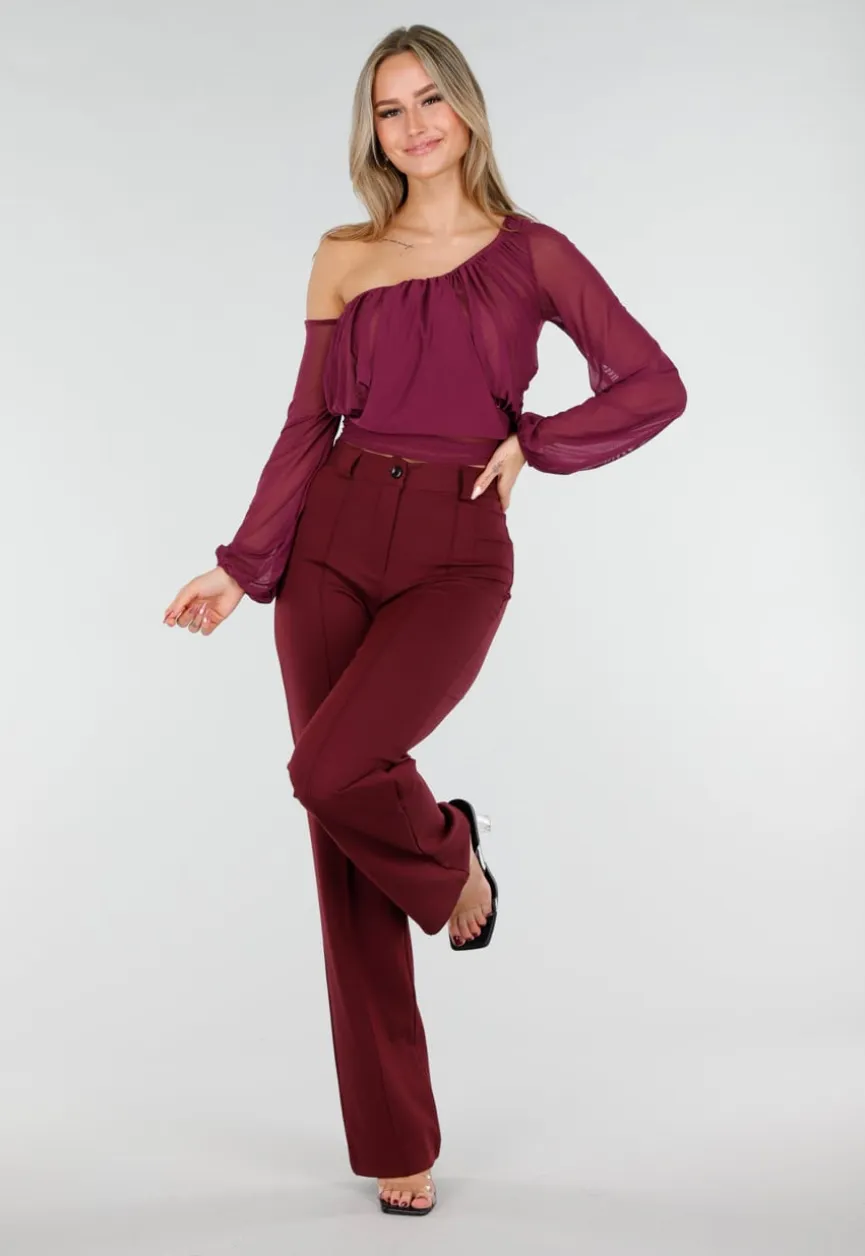 Paarse One Shoulder Top met Afneembare Mouw en Stretch