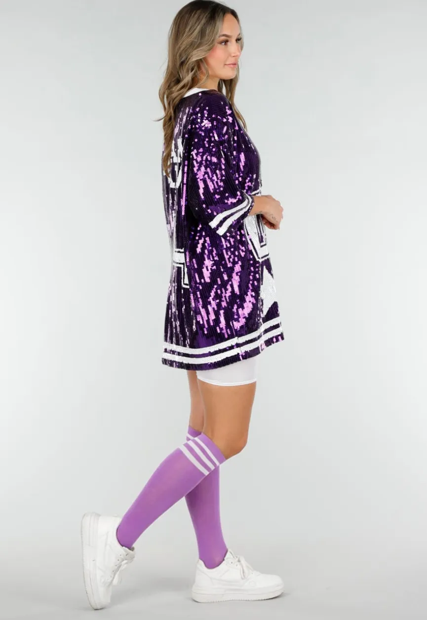 Paarse Oversized Pailletten Jersey Top met V Hals