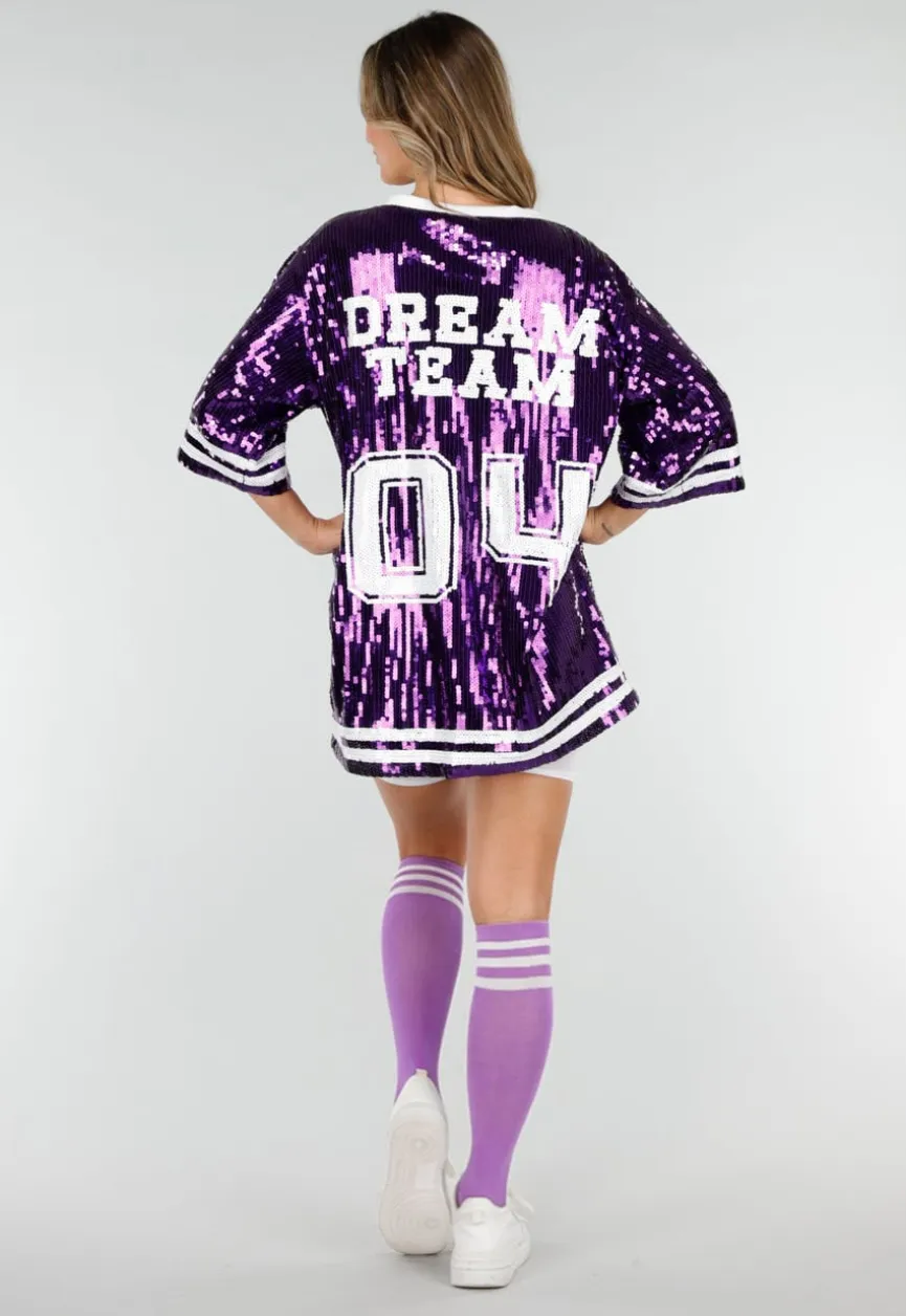 Paarse Oversized Pailletten Jersey Top met V Hals