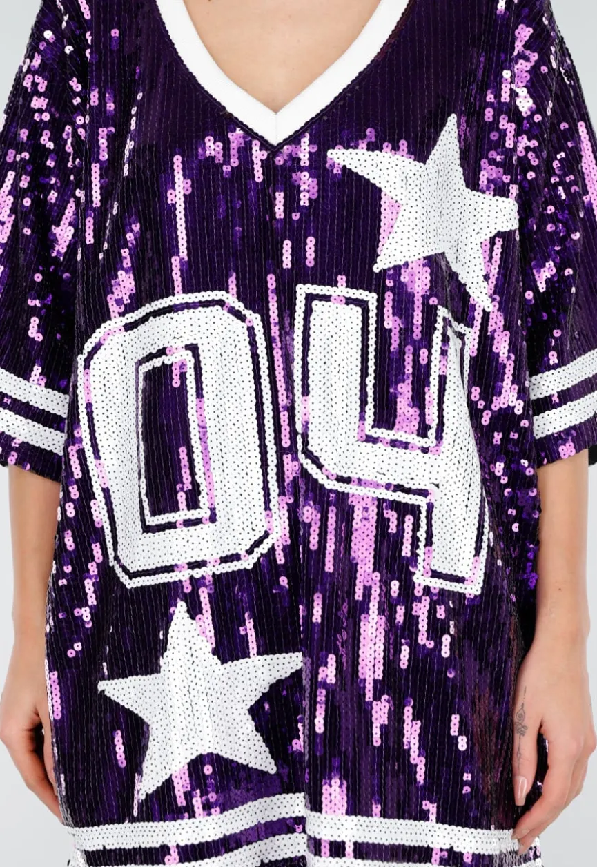 Paarse Oversized Pailletten Jersey Top met V Hals