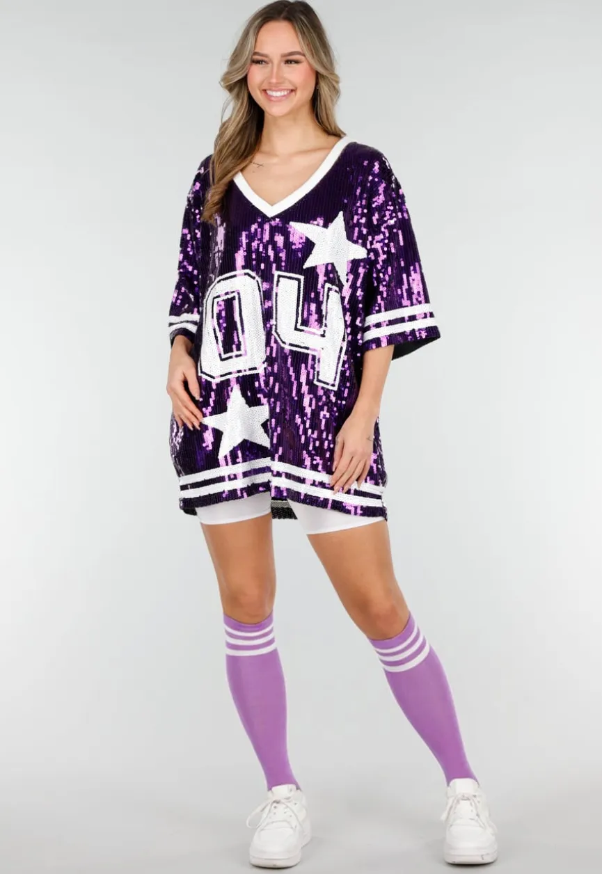Paarse Oversized Pailletten Jersey Top met V Hals