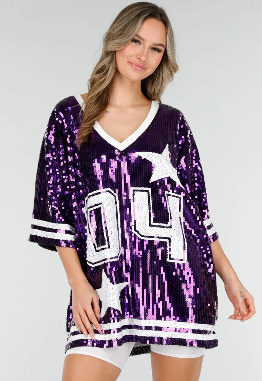 Paarse Oversized Pailletten Jersey Top met V Hals