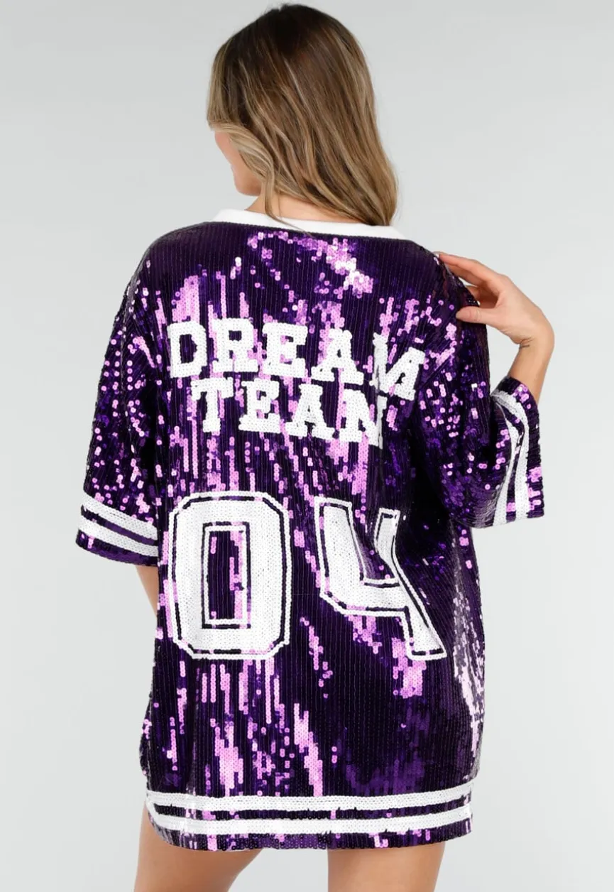 Paarse Oversized Pailletten Jersey Top met V Hals