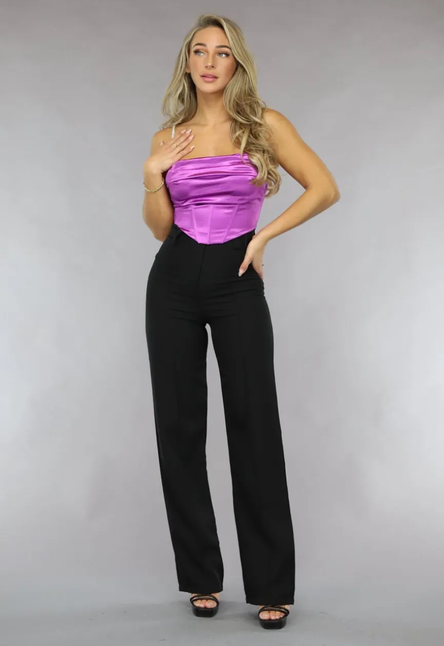 Paarse Satijnen Gedrapeerde Top met Korset Look