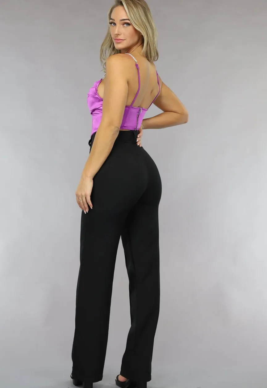 Paarse Satijnen Gedrapeerde Top met Korset Look