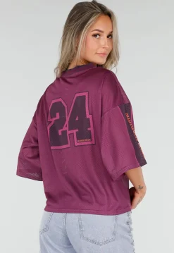 Paarse Stretch Mesh Oversized Jersey T-Shirt met V-Hals