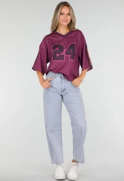 Paarse Stretch Mesh Oversized Jersey T-Shirt met V-Hals