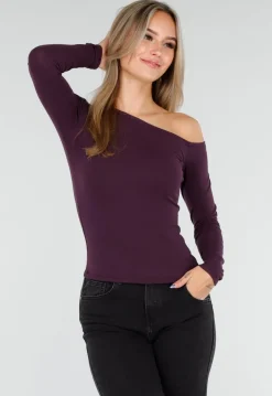 Paarskleurige One Shoulder Stretch Top met Lange Mouwen en Aansluitende Pasvorm