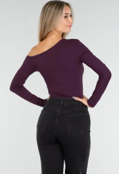 Paarskleurige One Shoulder Stretch Top met Lange Mouwen en Aansluitende Pasvorm