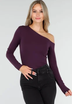 Paarskleurige One Shoulder Stretch Top met Lange Mouwen en Aansluitende Pasvorm