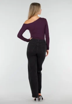 Paarskleurige One Shoulder Stretch Top met Lange Mouwen en Aansluitende Pasvorm