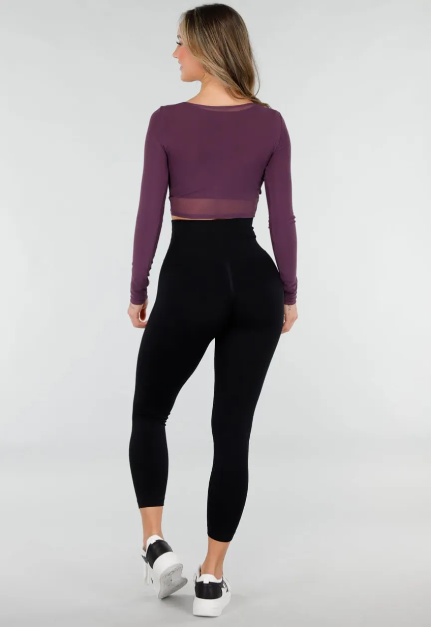 Paars Mesh Wrap Sporttop met Lange Mouwen