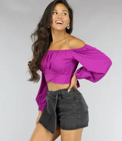 Paars Off Shoulder Topje met Pofmouwen
