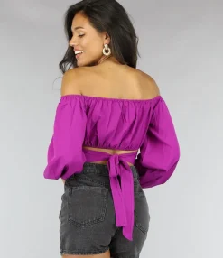 Paars Off Shoulder Topje met Pofmouwen