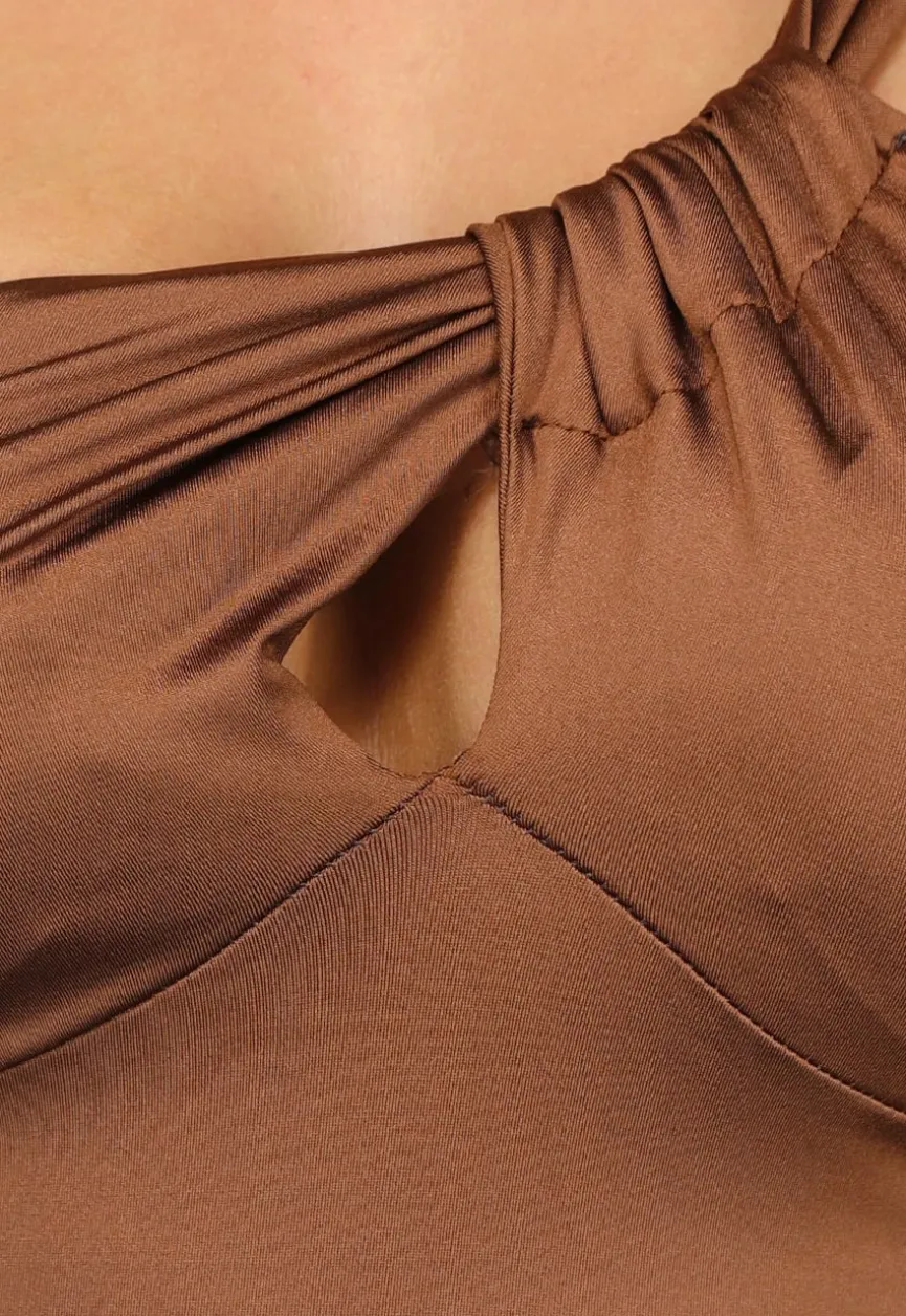 Padded Bruine Glanzende Jurk met Split
