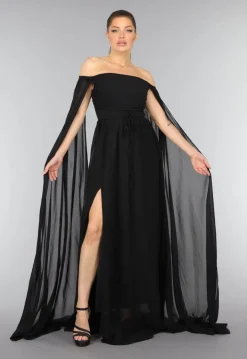 Padded Zwarte Galajurk met Lange Chiffon Mouwen