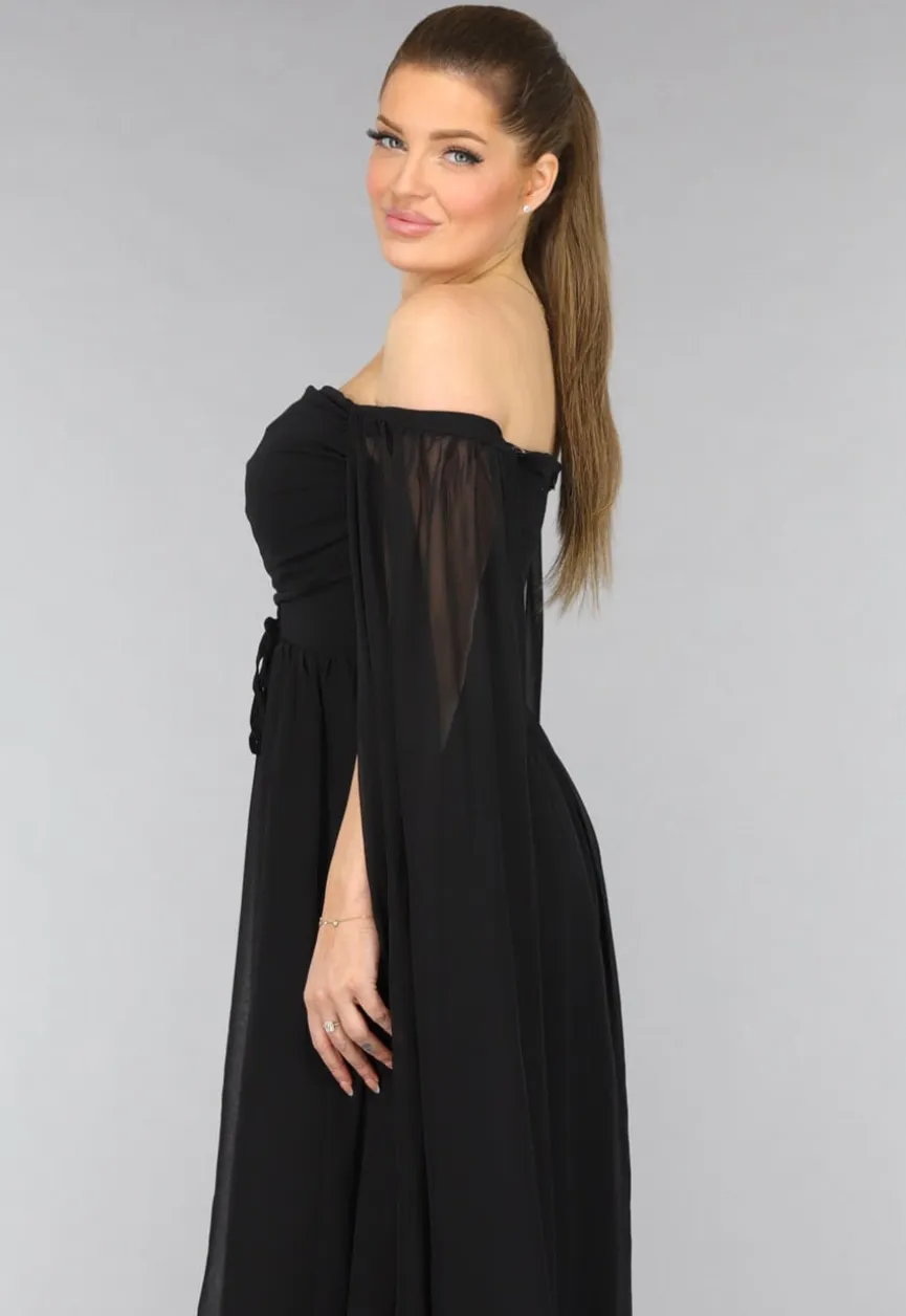 Padded Zwarte Galajurk met Lange Chiffon Mouwen