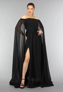 Padded Zwarte Galajurk met Lange Chiffon Mouwen