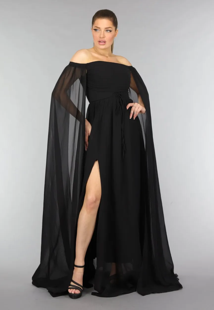 Padded Zwarte Galajurk met Lange Chiffon Mouwen