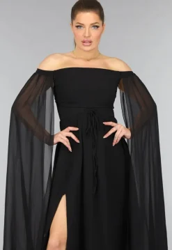 Padded Zwarte Galajurk met Lange Chiffon Mouwen