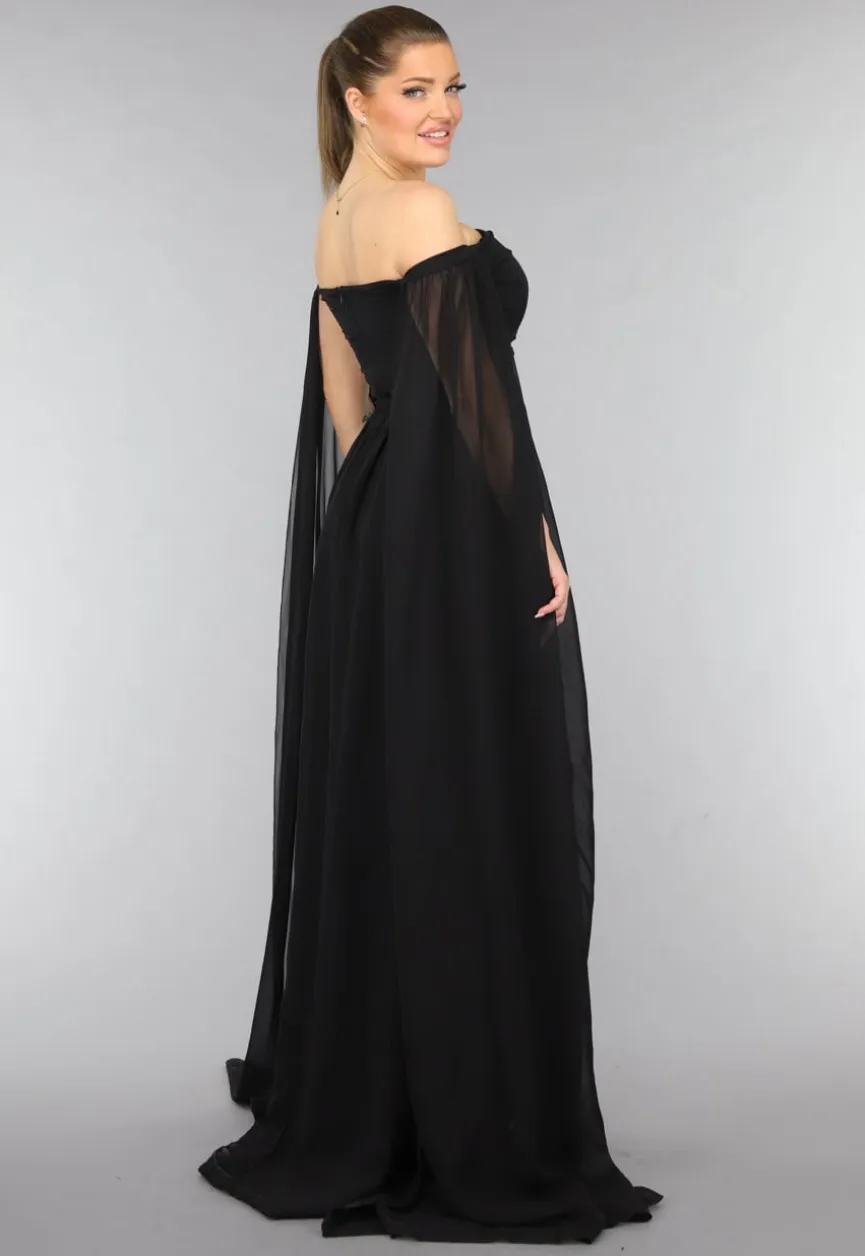 Padded Zwarte Galajurk met Lange Chiffon Mouwen