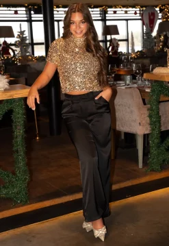 Pailletten Top met Korte Mouw Goud