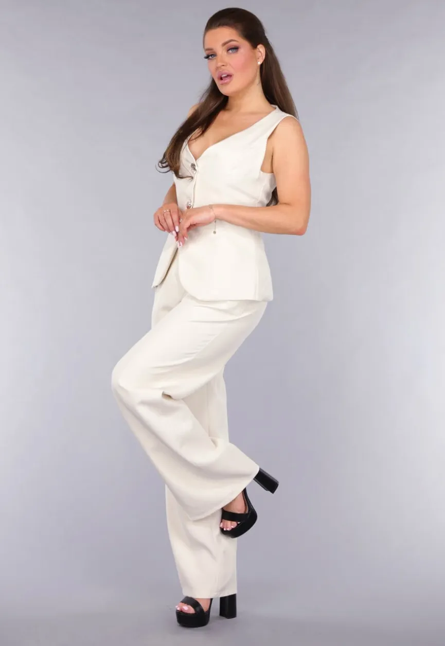 Pantalon Gilet Suit met Statement Knopen in Beige