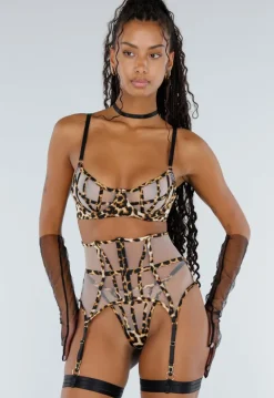 Panterprint Lingerie Set met Mesh Verstelbare Bandjes en Jarretelgordel
