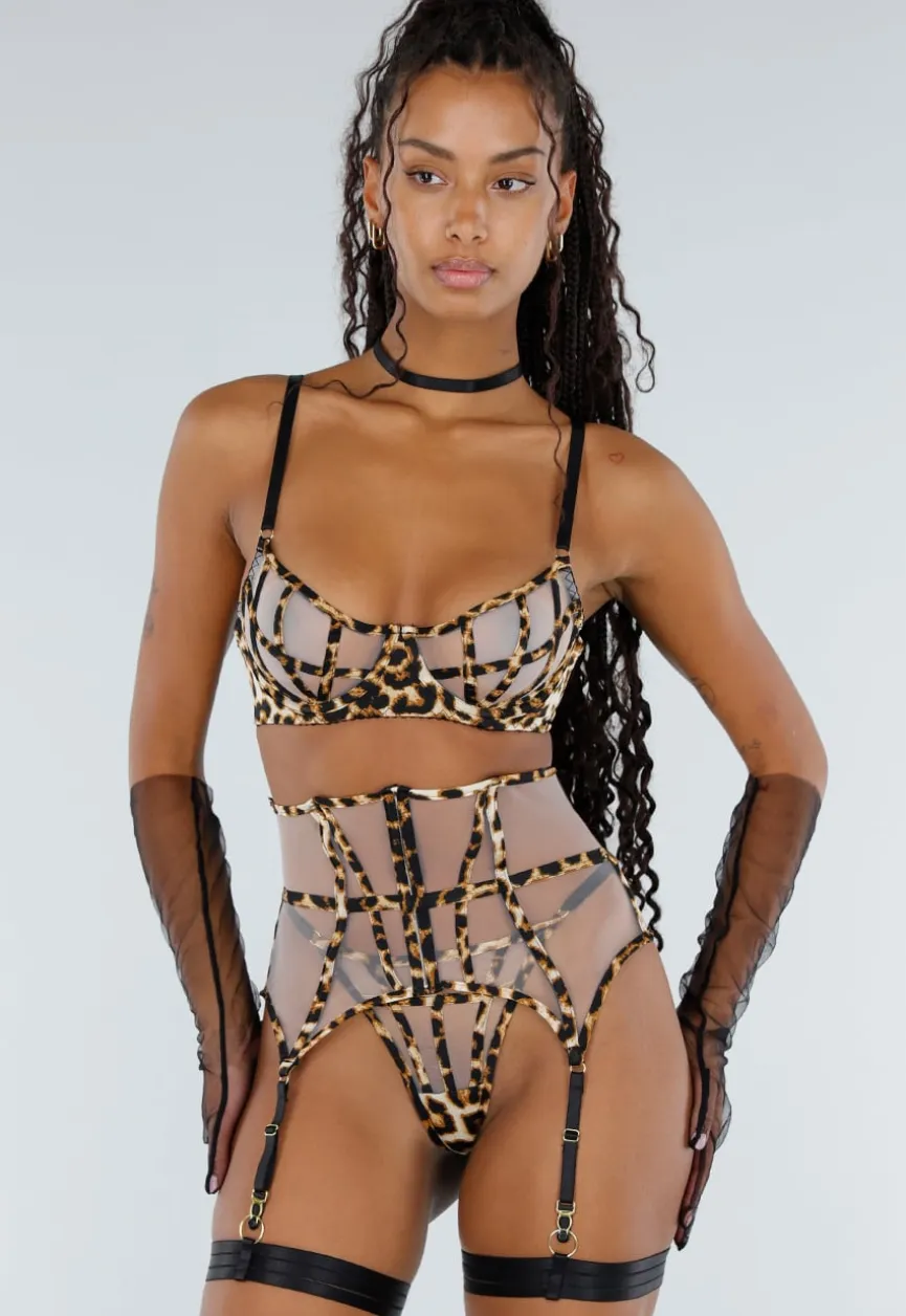 Panterprint Lingerie Set met Mesh Verstelbare Bandjes en Jarretelgordel