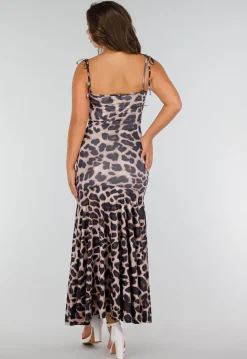 Panterprint Stretch Maxi Jurk met Strikkoorden, Ruches en Split