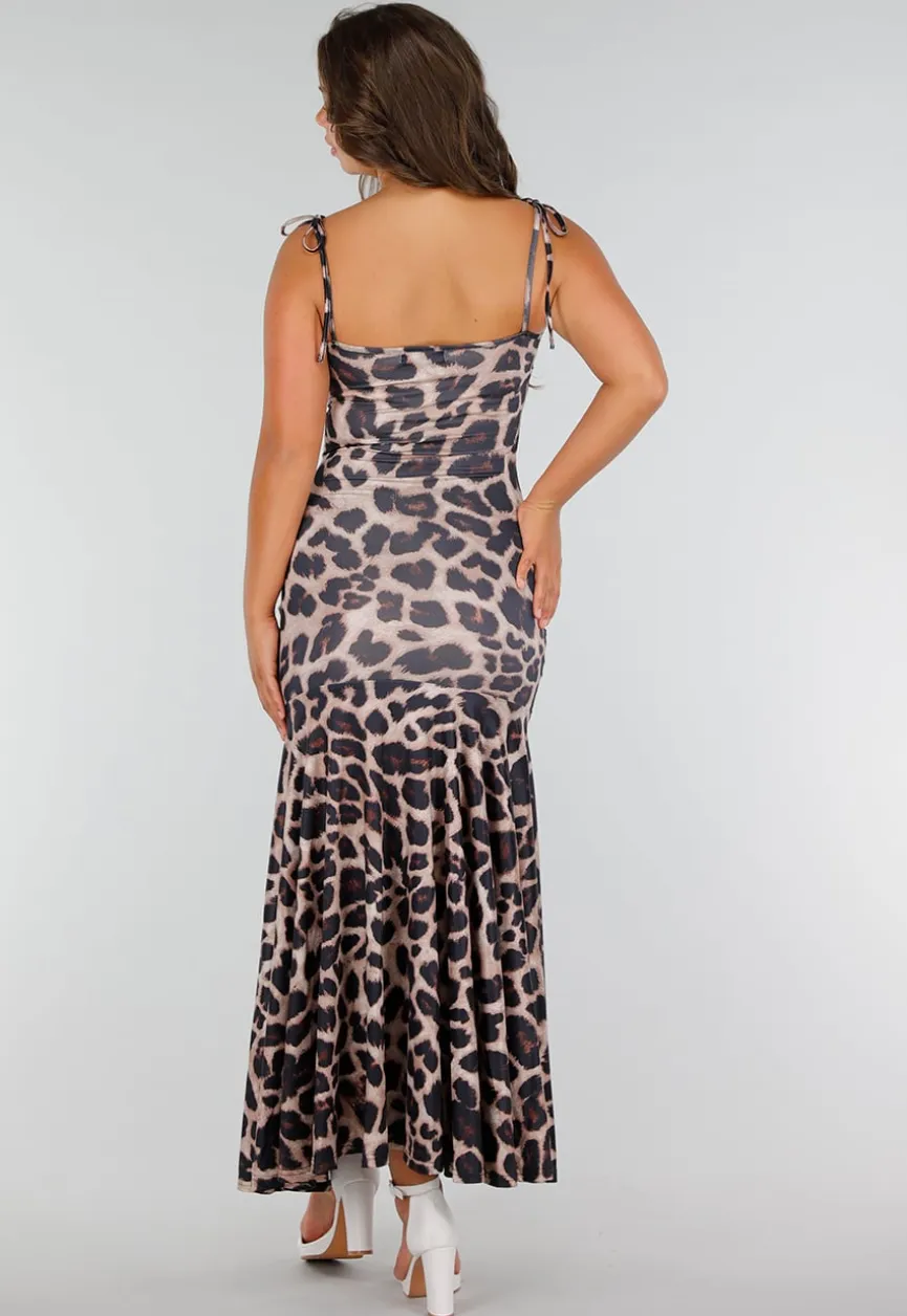 Panterprint Stretch Maxi Jurk met Strikkoorden, Ruches en Split