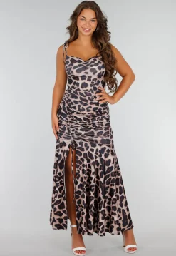 Panterprint Stretch Maxi Jurk met Strikkoorden, Ruches en Split