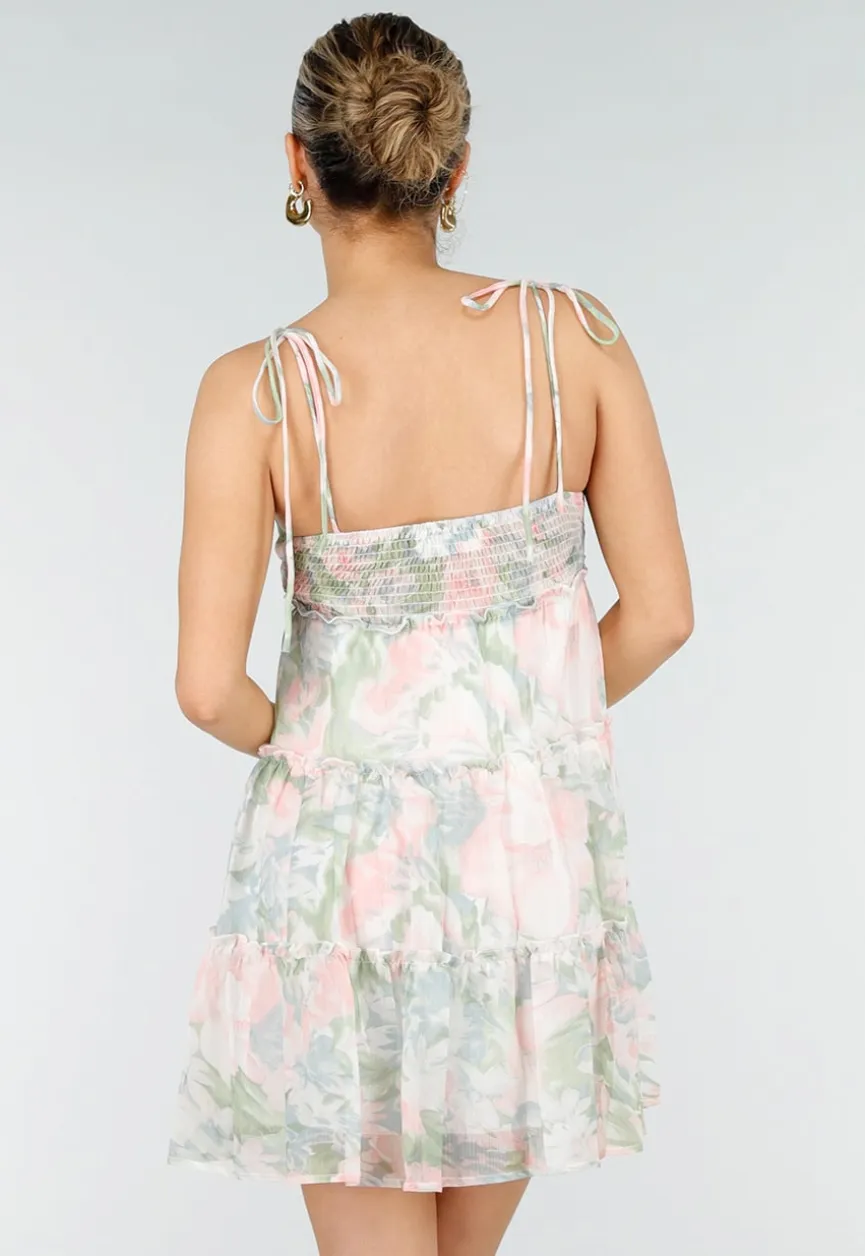 Pastel Bloemenprint Jurk met Spaghettibandjes en Ruches