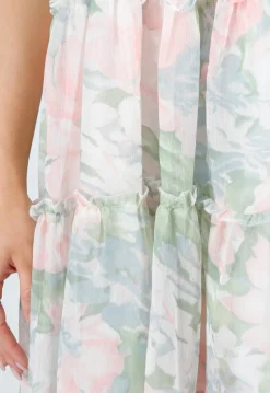 Pastel Bloemenprint Jurk met Spaghettibandjes en Ruches