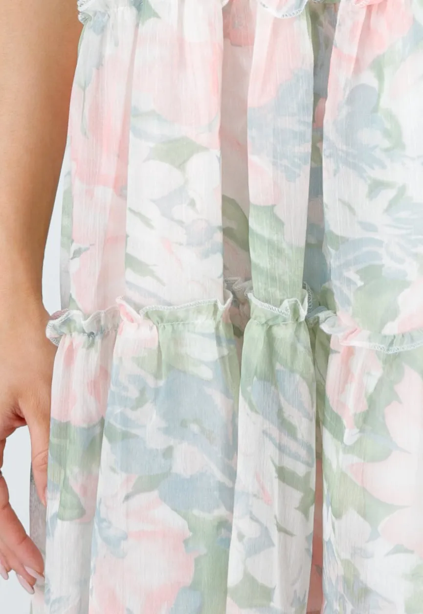 Pastel Bloemenprint Jurk met Spaghettibandjes en Ruches