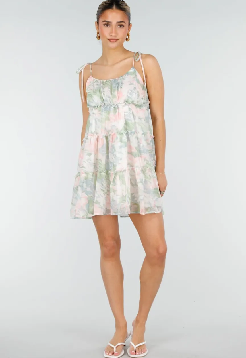 Pastel Bloemenprint Jurk met Spaghettibandjes en Ruches