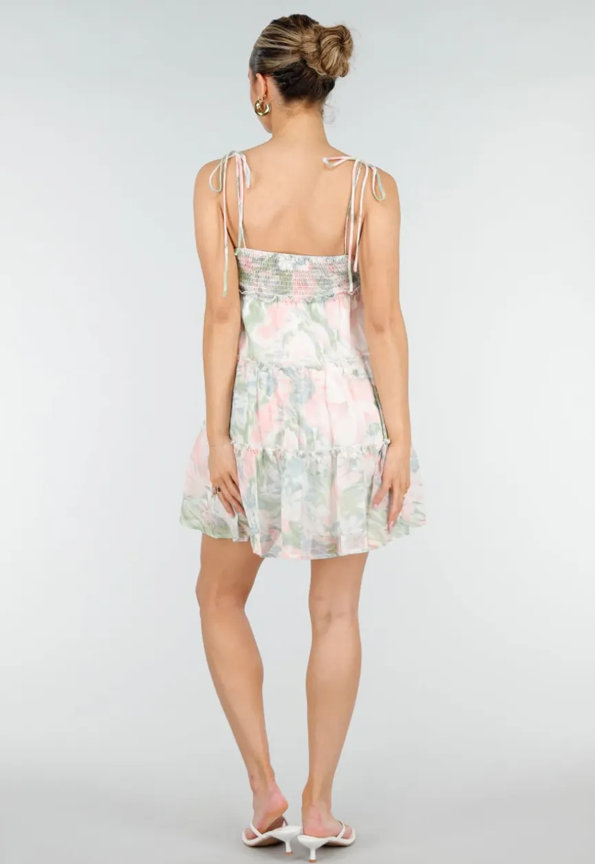 Pastel Bloemenprint Jurk met Spaghettibandjes en Ruches