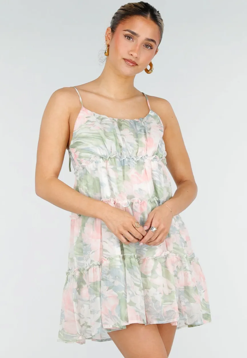 Pastel Bloemenprint Jurk met Spaghettibandjes en Ruches