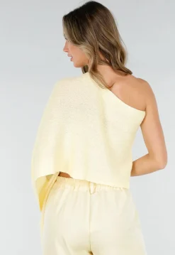 Pastel Gele One Shoulder Top met Wijde Mouwen