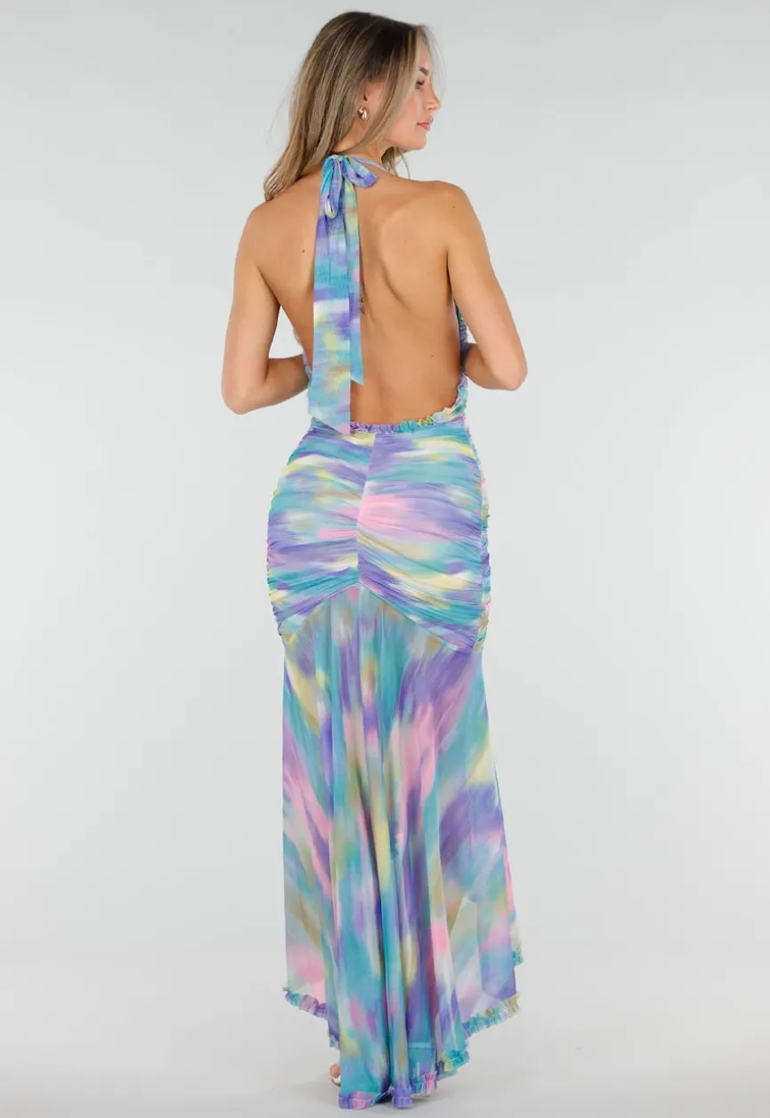 Pastelkleurige Halter Maxi Jurk met Stretch en Open Rug