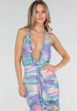 Pastelkleurige Halter Maxi Jurk met Stretch en Open Rug