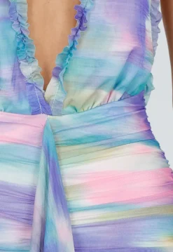 Pastelkleurige Halter Maxi Jurk met Stretch en Open Rug