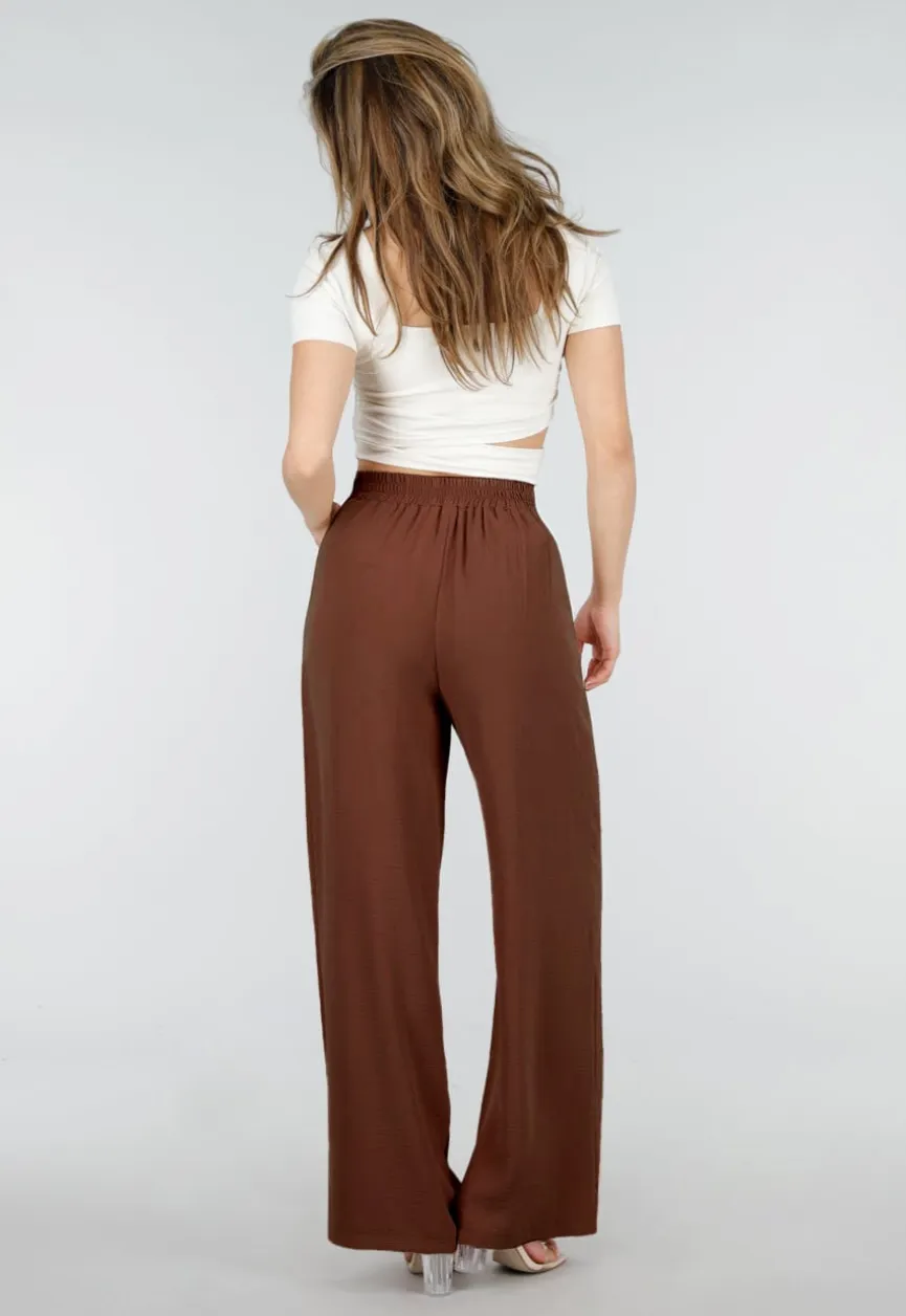 Petite High Waist Bruine Linnen Look Broek met Tailleband