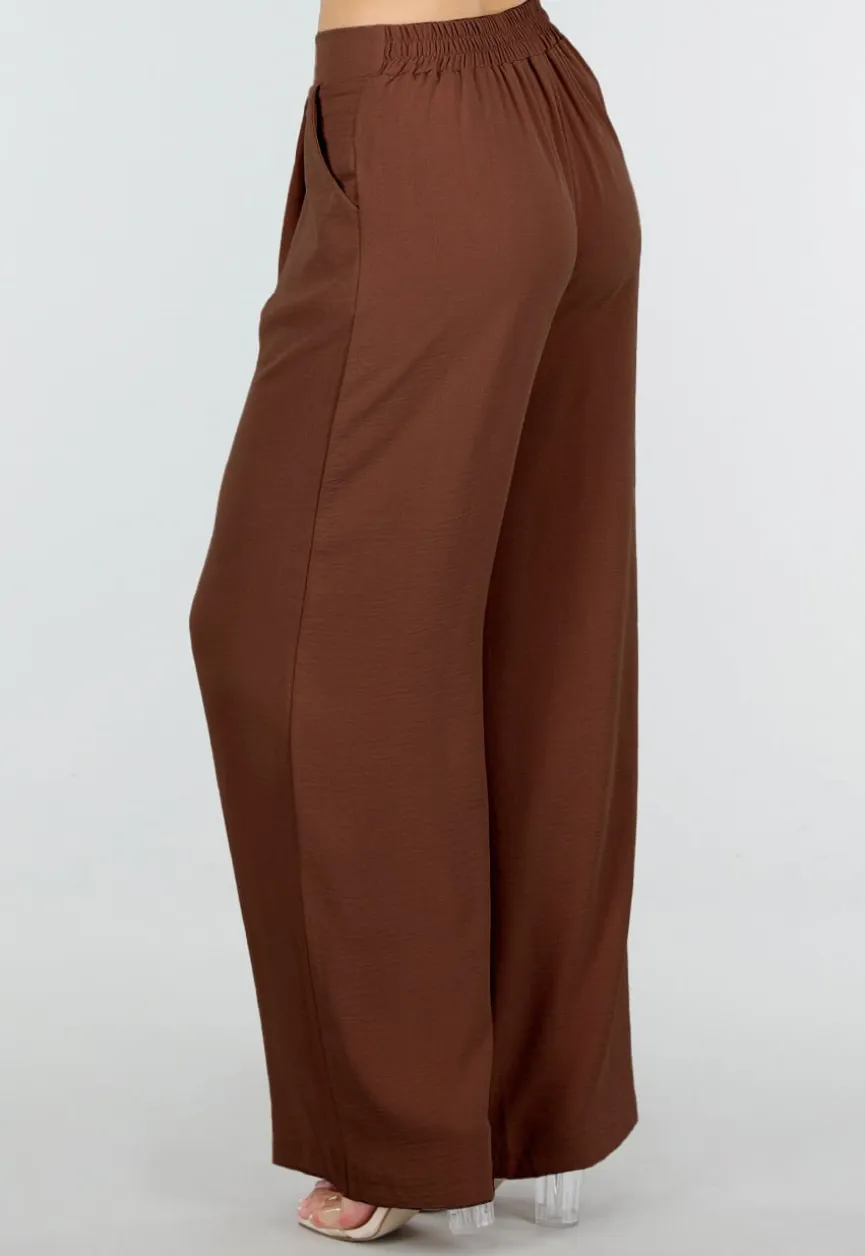 Petite High Waist Bruine Linnen Look Broek met Tailleband