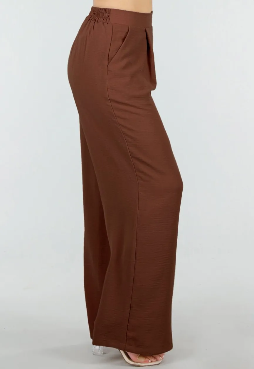 Petite High Waist Bruine Linnen Look Broek met Tailleband