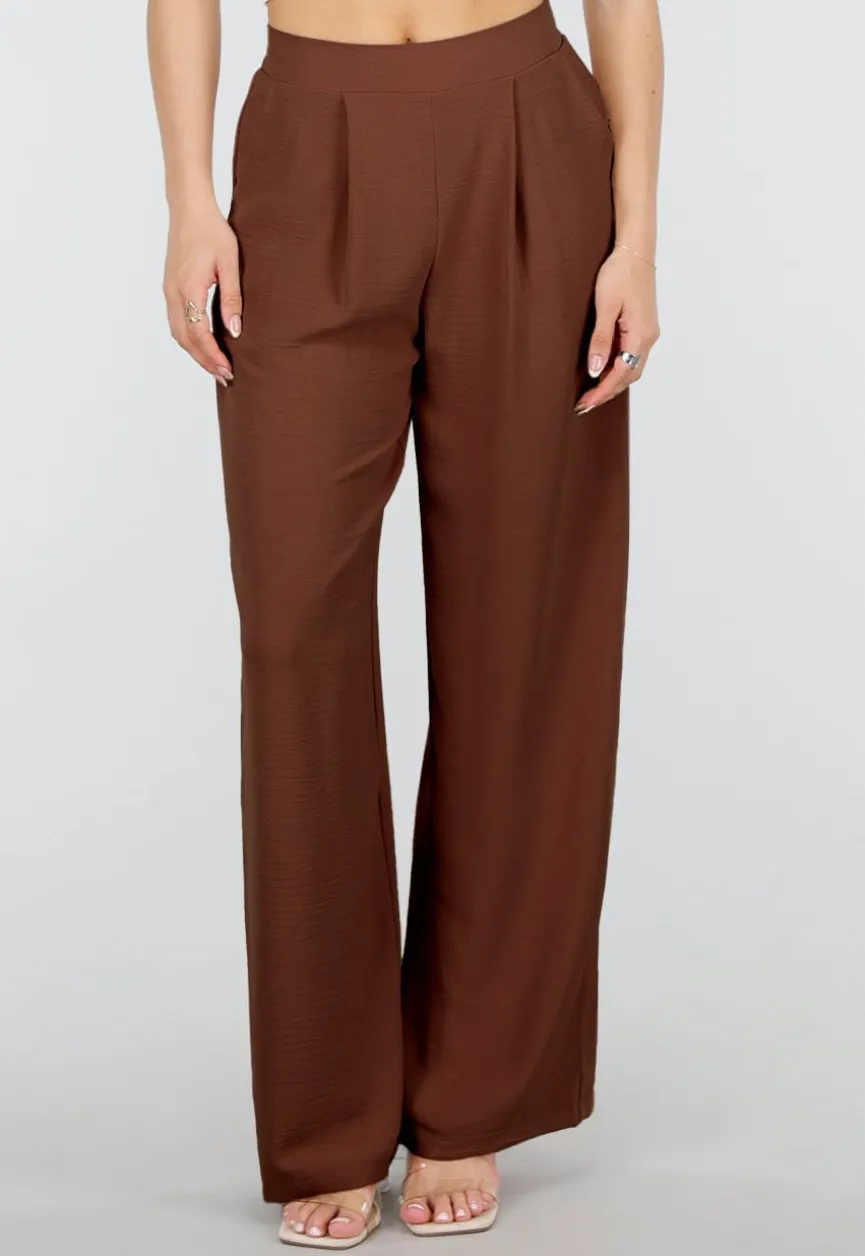 Petite High Waist Bruine Linnen Look Broek met Tailleband