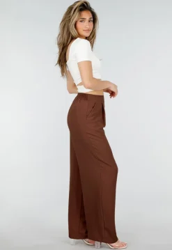Petite High Waist Bruine Linnen Look Broek met Tailleband