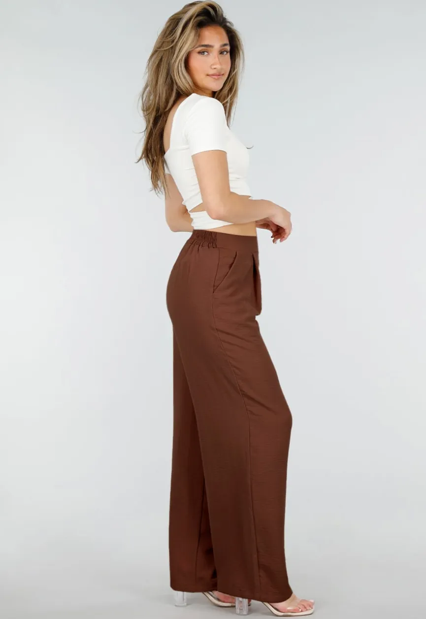 Petite High Waist Bruine Linnen Look Broek met Tailleband