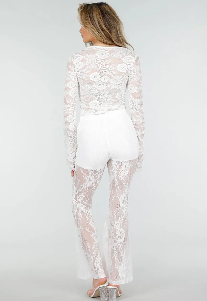 Petite Witte Kant Flared Broek met Stretch en Binnenbroekje